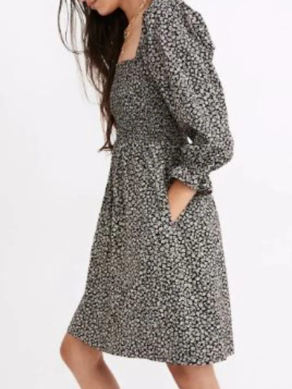 MADEWELL Lucie Elbow-Sleeve Smocked Dress in Parisian Ditsy - size Large - Picture 2 of 16